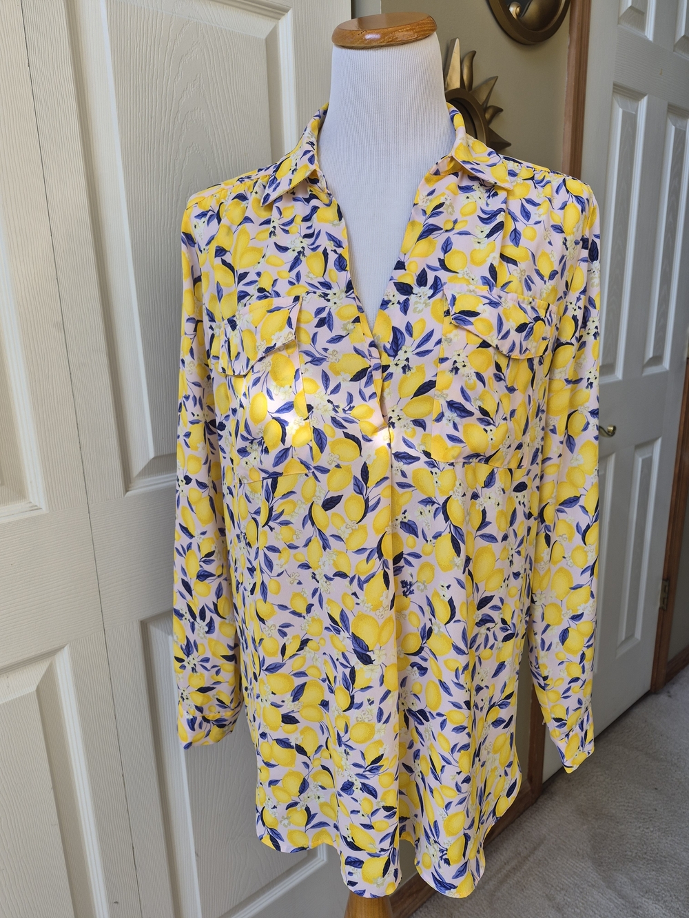 Ann Taylor Yellow Lemon Print Button-Front Blouse
